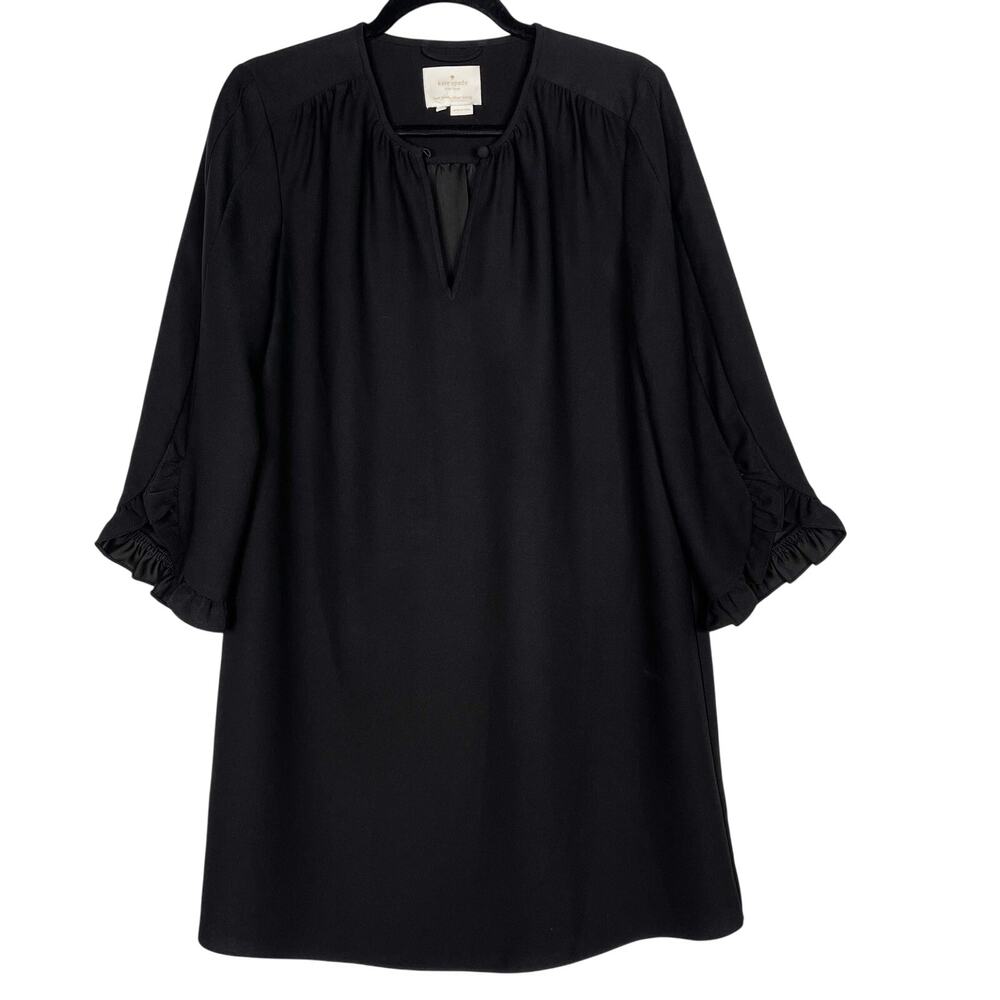 Kate Spade Small S Black Ruffle Sleeve Crepe Dress Split V Neck 3/4 Sleeve LBD